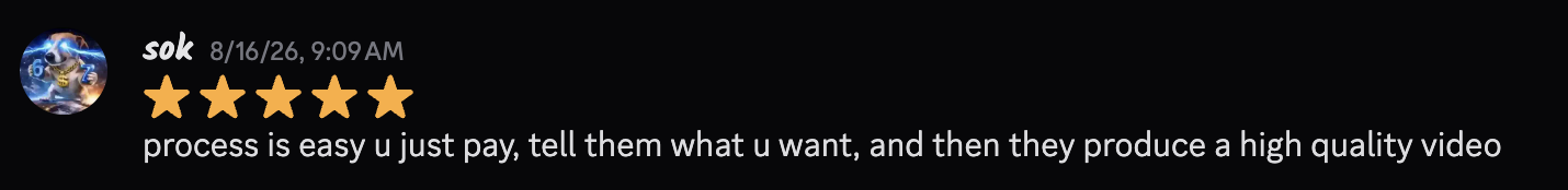 Five-star review from sok: process is easy, u just pay, tell them what u want, and then they produce a high quality video