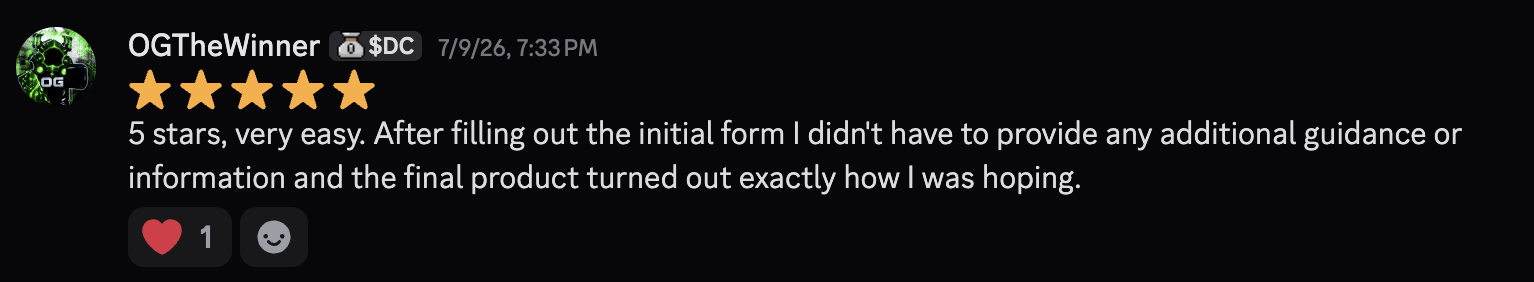 Five-star review from OGTheWinner: 5 stars, very easy. After filling out the initial form I did not have to provide any additional guidance or information and the final product turned out exactly how I was hoping.